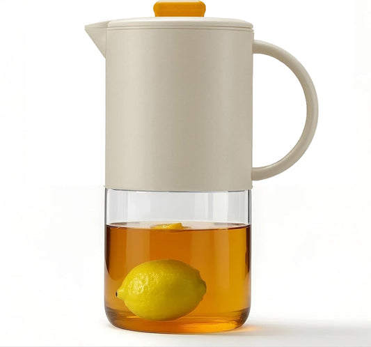 Delove Borosilicate Glass Pitcher with Lid & Auto Spout – Shatterproof Plastic Shell, Wide Mouth Design – 62 oz (1.9 Quart) Jug for Cold/Boiling Water, Iced Tea, Juice (1, Beige)