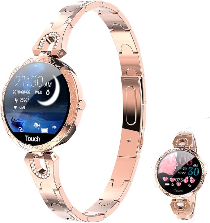 Smartwatch for Women Compatible for Android/iOS Phones. Health and Fitness Tracker with Heart Rate Blood Pressure Bluetooth Remote Photography Female Menstrual Cycle (Gold)