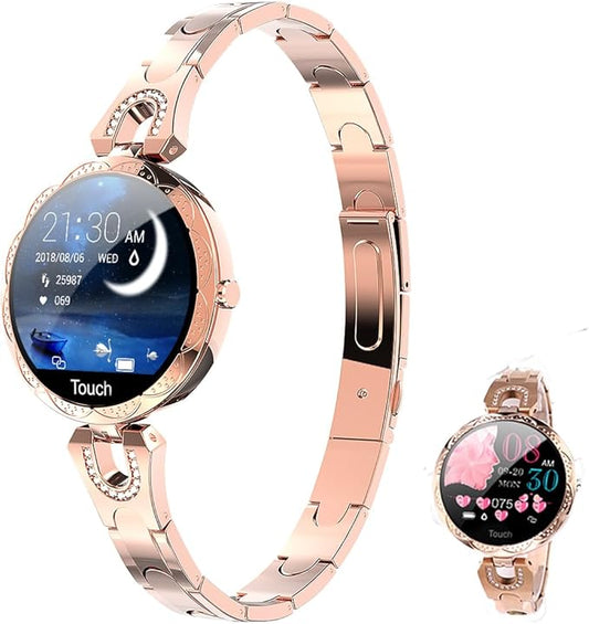 Smartwatch for Women Compatible for Android/iOS Phones. Health and Fitness Tracker with Heart Rate Blood Pressure Bluetooth Remote Photography Female Menstrual Cycle (Gold)