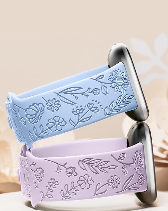 SNBLK 2 Pack Engraved Bands Only Compatible with Fitbit Versa 3/Fitbit Sense/Fitbit Versa 4/Fitbit Sense 2 Bands Four Models, Sunflower Rose Elegant Soft TPU Floral Pattern Replacement Strap Women