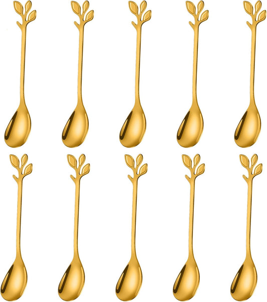 AnSaw Elegant Gold Leaf Coffee Spoons - 10-Piece, 4.7" Mini Stainless Steel Espresso & Dessert Tea Spoons, Perfect for Demitasse & Small Servings