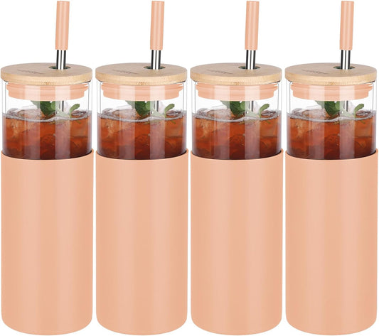 Glass Tumbler w/Lids & Straw:24oz Reusable Mug w/Bamboo Lid,Stainless Steel Straw, BPA-Free, Leak-Proof, Dishwasher Safe for Coffee, Smoothies, Hot Beverages,Travel,Office,Home Use,4-PK,Amber