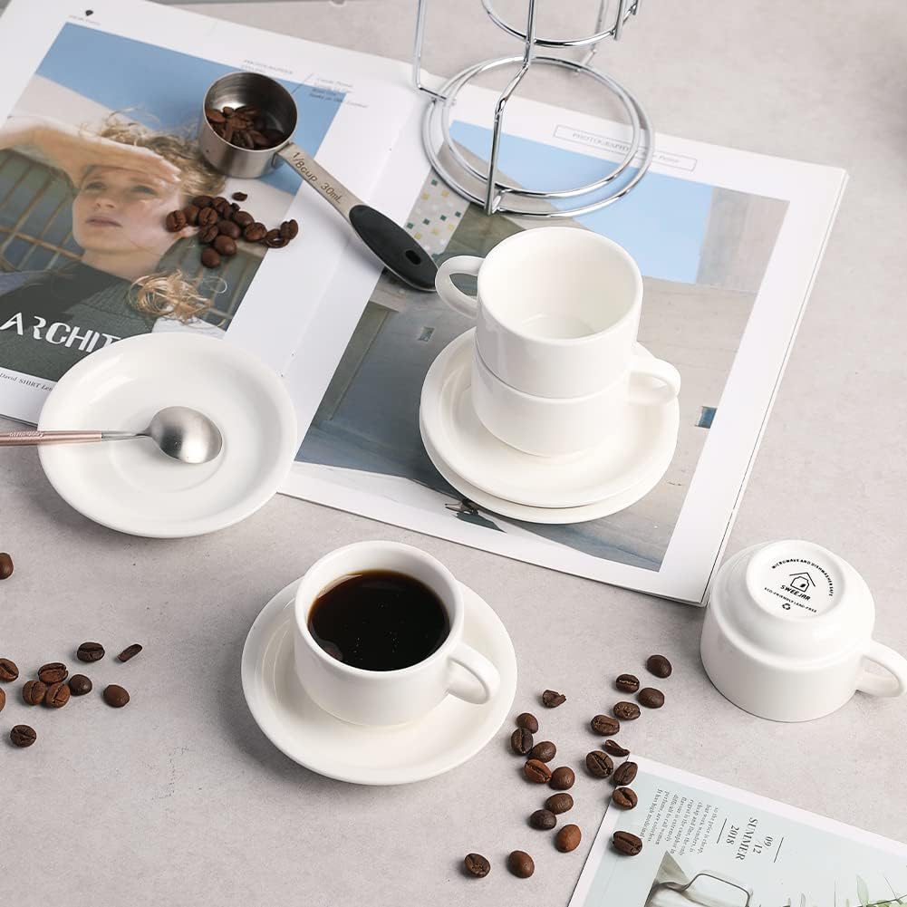 Sweejar Porcelain Espresso Cups with Saucers, 2.5 Ounce Stackable Cappuccino Cups with Metal Stand for Coffee Drinks, Latte, Tea - Set of 4 (Red)