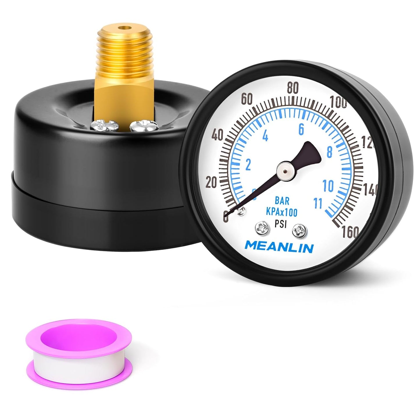MEANLIN MEASURE 0-160Psi Well Pump Pressure Gauge 1/4" NPT 2" FACE DIAL for Air Compressor RV Regulator Water Pressure Tester Back Mount, with Teflon Tape