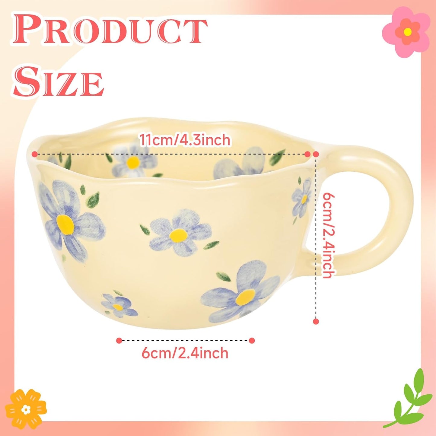 Ceramic Coffee Mug Vintage Flower Mugs 8 oz Cute Floral Coffee Mugs Irregular Latte Art Cup Lead-free Porcelain Cups for Cappuccino, Cocoa (Blue Flowers)