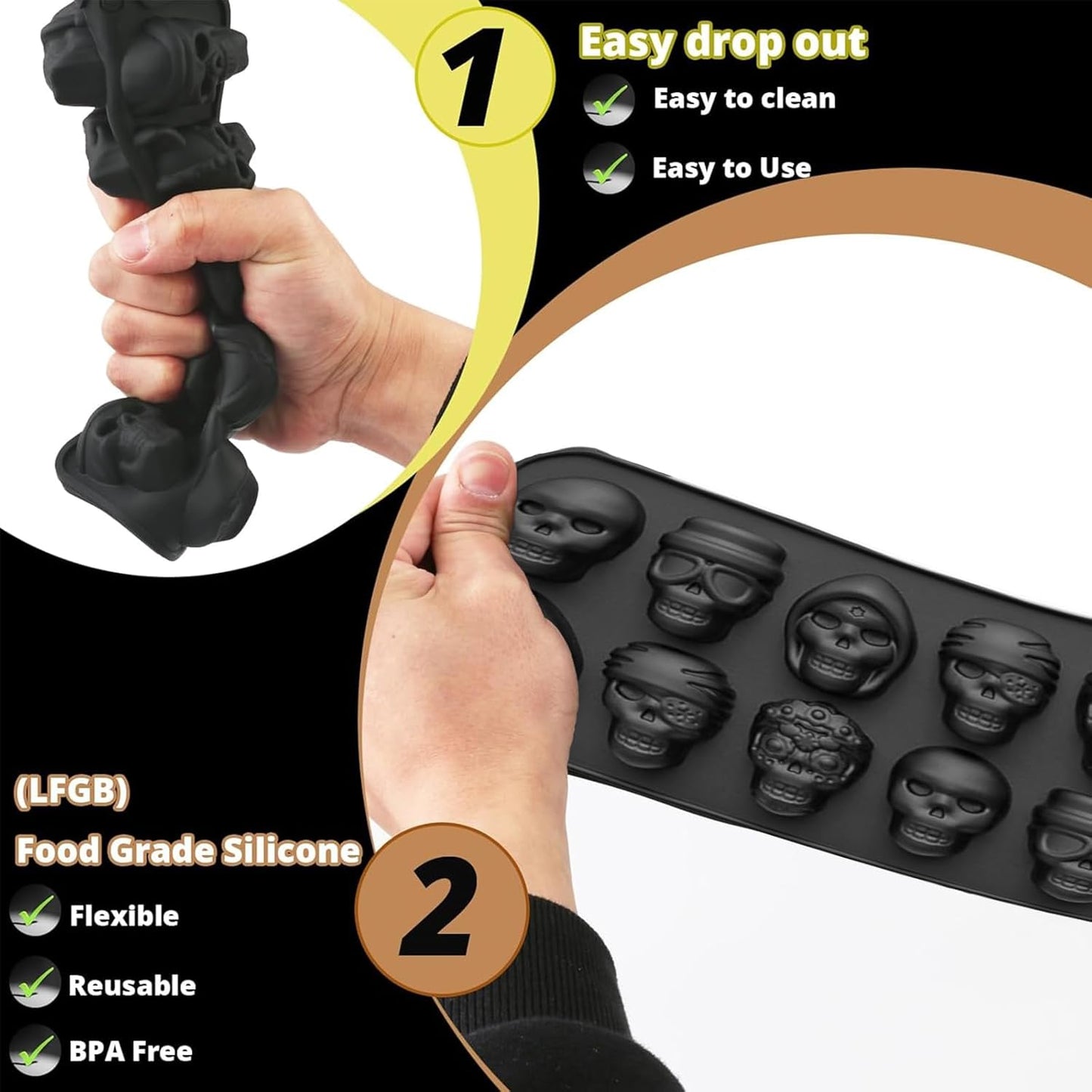 10 Cavity Skull Chocolate Molds,Halloween Silicone Skull Candy Mold for Jelly Crayon Resin, Pack of 2