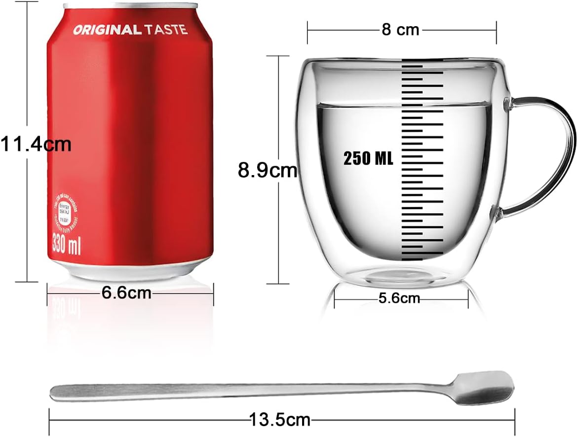 LIBWYS 4 Pack 250ml Double Walled Glass Coffee Mugs with 4 Spoons, Cappuccino Latte Tea Cups with Handle, Heat Resistant Drinking Glasses