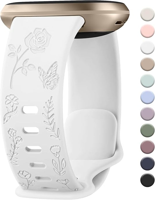 AK Floral Engraved Band Compatible with Fitbit Sense 2 / Sense Bands/Fitbit Versa 4 / Versa 3 Bands Women Men, Soft Sport Replacement Wristbands for Fitbit Sense 2 / Sense/Versa 4 / Versa 3 Smart Watch