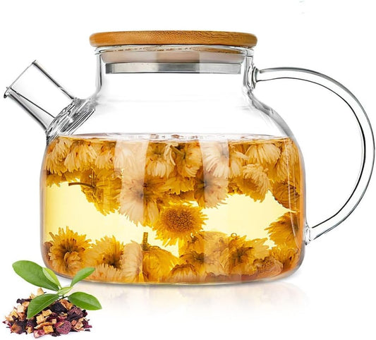 Glass Teapot 34oz/1000ml, Stovetop & Microwave Safe Borosilicate Tea Pot,Clear Teapot with Strainer, Glass Tea Kettle with Wooden Lid for Loose Leaf、Fruit Tea and Fragrant Tea