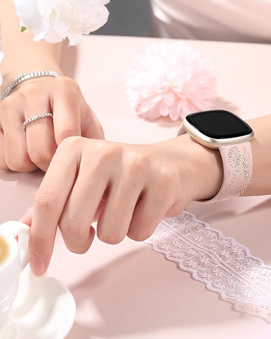 SNBLK 2 Pack Engraved Bands Only Compatible with Fitbit Versa 3/Fitbit Sense/Fitbit Versa 4/Fitbit Sense 2 Bands Four Models, Sunflower Rose Elegant Soft TPU Floral Pattern Replacement Strap Women