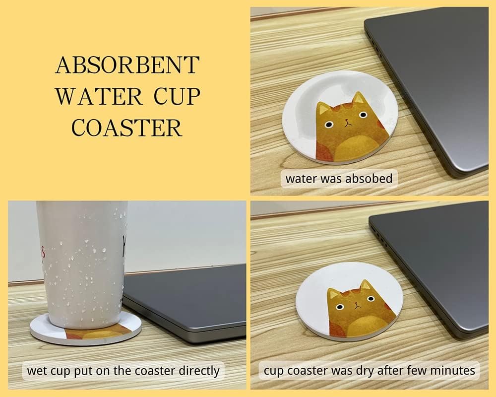 Coasters Set of 6 Round Ceramic Stone Absorbent Cute Cat Drinks Coasters for Cups and Mugs, Coffee Table, Office Desk, Outdoor Patio Table, Tabletop Surface Protection