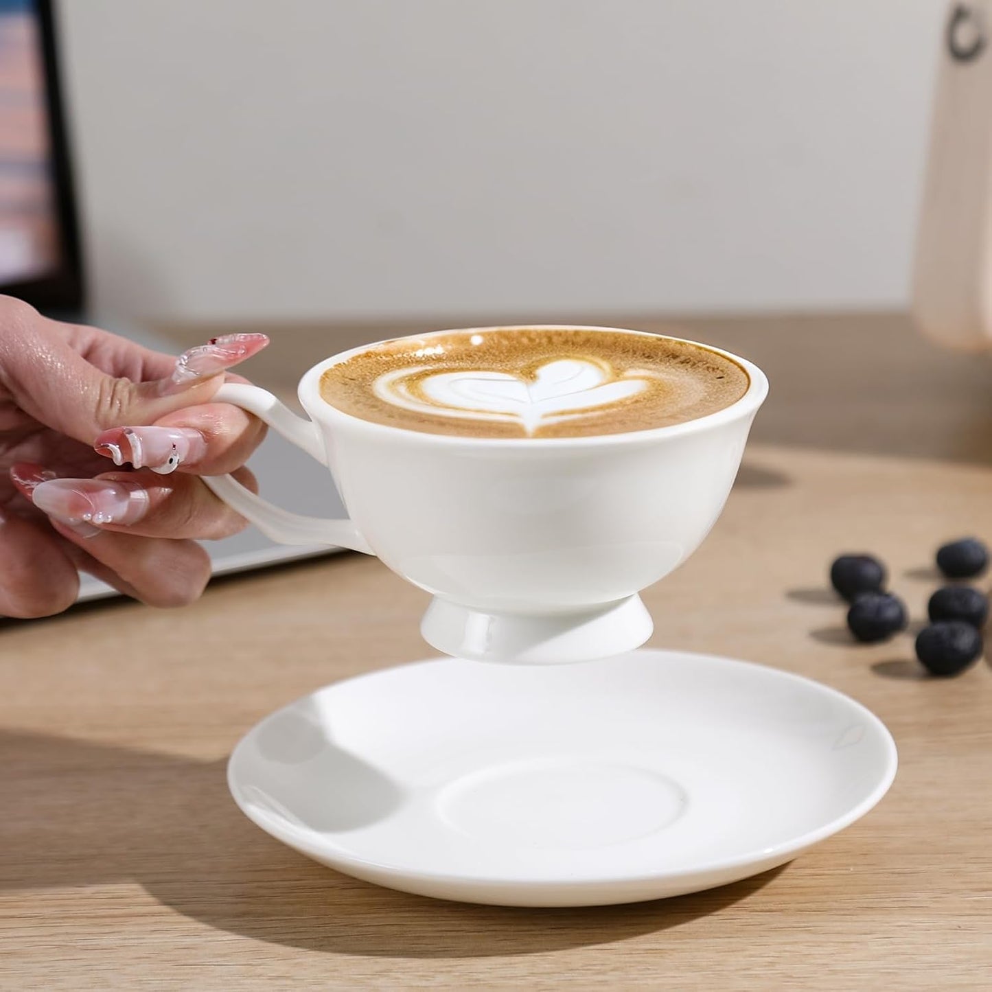 Fine Bone China Espresso Cups and Saucers Set of 4, 5 Oz Classic Plain White Luxury Ceramic Coffee Cups Set, for Wedding, Afternoon Tea, Gift, Work, Festival