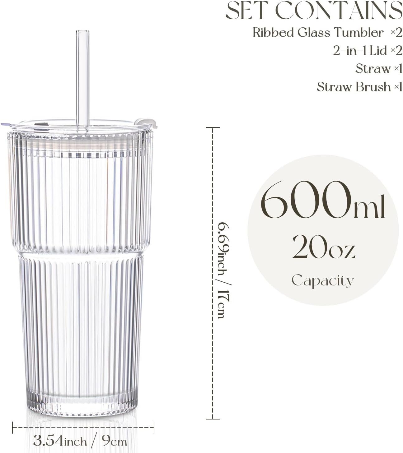 KEMORELA 2-Pack Ribbed Glass Tumblers with Lids & Straws – Vintage Iced Coffee Cups, Reusable Smoothie & Cocktail Drinking Glasses, Clear Glassware for Home or Cafe