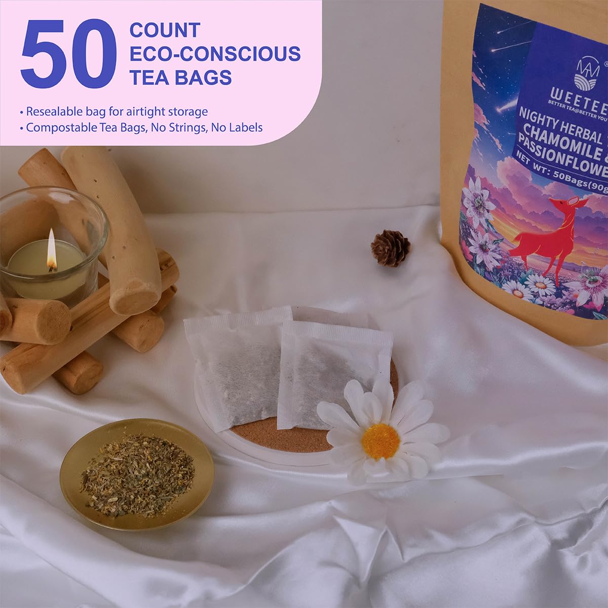 WT WEETEE Chamomile & Passionflower Nighty Herbal Tea Bags 50 Counts, Includes Spearmint, Valerian Root, Lavender, Peppermint & More, Natural Caffeine-free