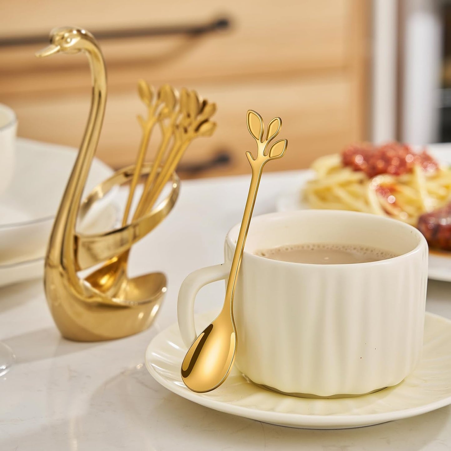 AnSaw Elegant Gold Leaf Coffee Spoons - 10-Piece, 4.7" Mini Stainless Steel Espresso & Dessert Tea Spoons, Perfect for Demitasse & Small Servings