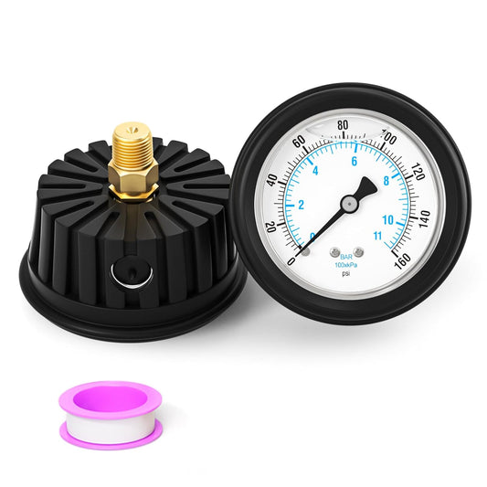 0-160PSI Stainless Steel Liquid Filled Pressure Gauge, 2.5" Dial Size, 1/4" NPT Back Mount, with Rubber Protective Sleeve, for Tube, Water Pump, Gas, Liquid, Pressure Test