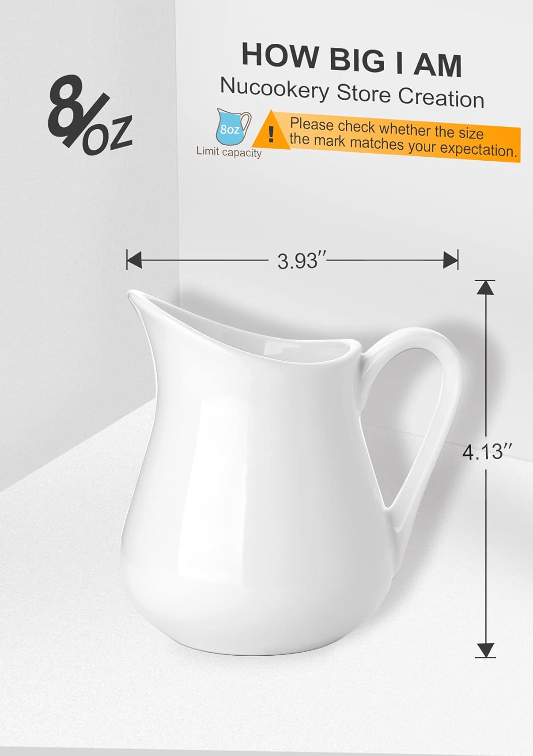 Nucookery 8 Oz Classic White Fine Porcelain Creamer with Handle,Small Creamer Pitcher For Sauces Salad Coffee Milk More,Microwave & Freezer Safe (8-Ounce, Set/1)