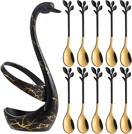AnSaw Small Coffee Spoon Holder Set,Black Swan Base With 10 Pcs Black & Gold Demitasse Espresso Spoons Set,4.7" Mini Leaf Dessert Spoon,Stainless Steel Tea Spoons