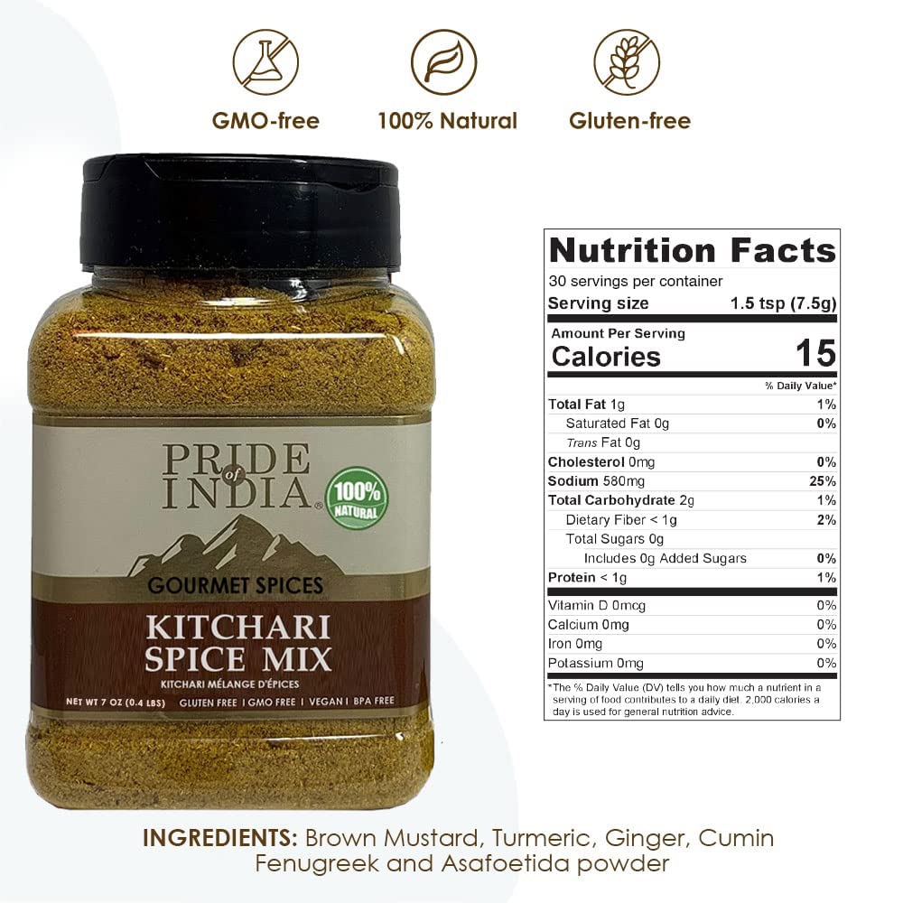 Pride Of India - Kitchari Spice Seasoning – Made with Authentic Indian Spices – Good for Health Cleanse & Diet – Easy to Use – 7 oz. Medium Dual Sifter Jar
