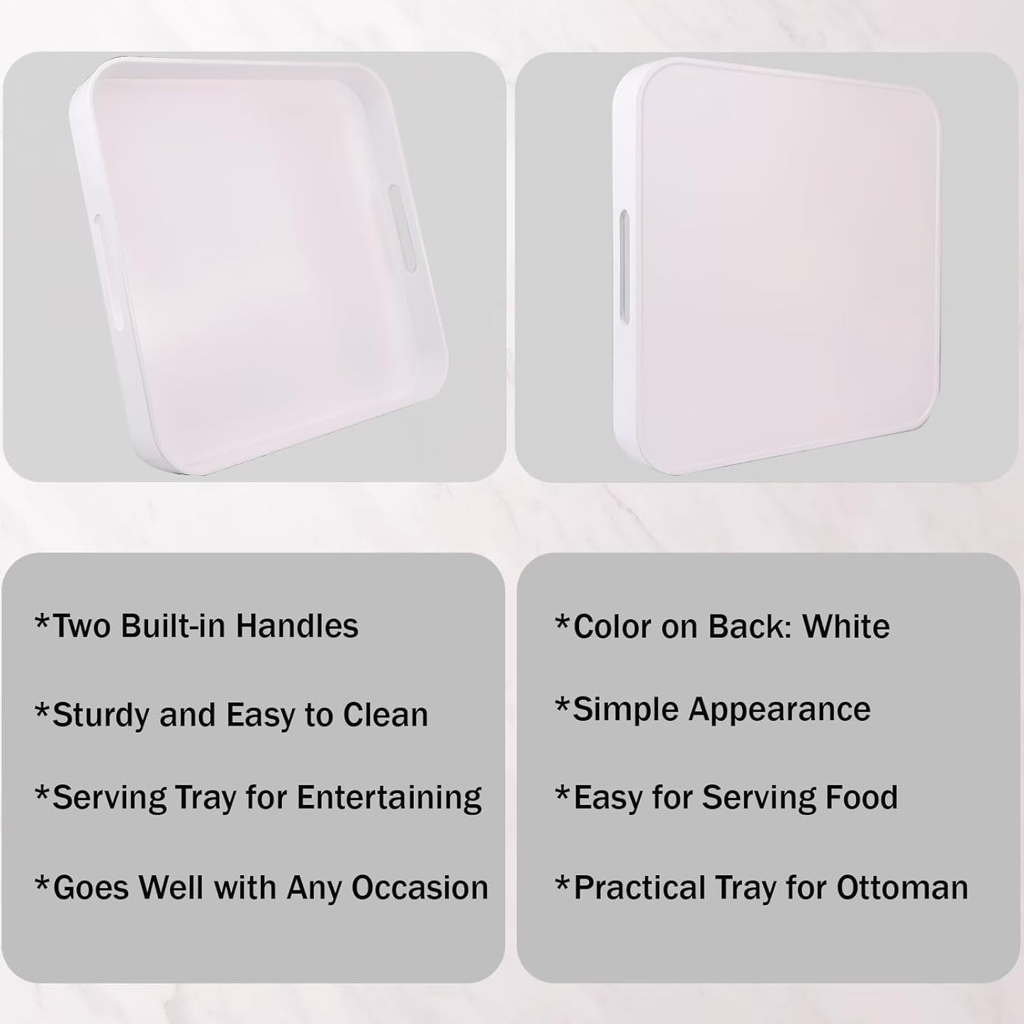 Square White Decorative Serving Tray with Handles, Versatile Ottoman Tray for Coffee Table, Entertaining, Outdoor Patio, Living Room, 13”*13”*1.6”