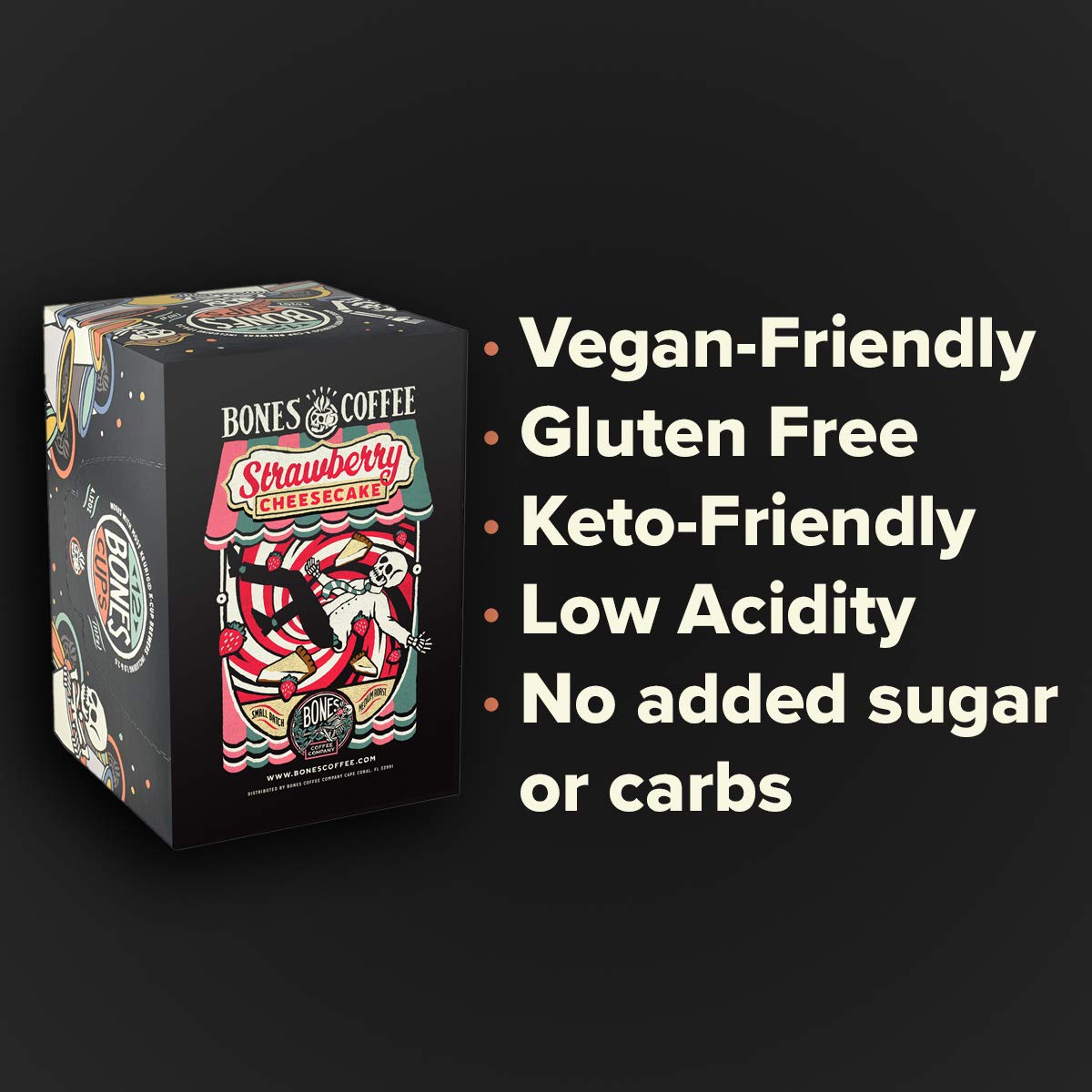Bones Coffee Company Strawberry Cheesecake Flavored Coffee Pods, Low Acid Medium Roast Single-Serve Bones Cups, Compatible with 1.0 & 2.0 K-Cups Brewers Coffee Maker, 12 Count