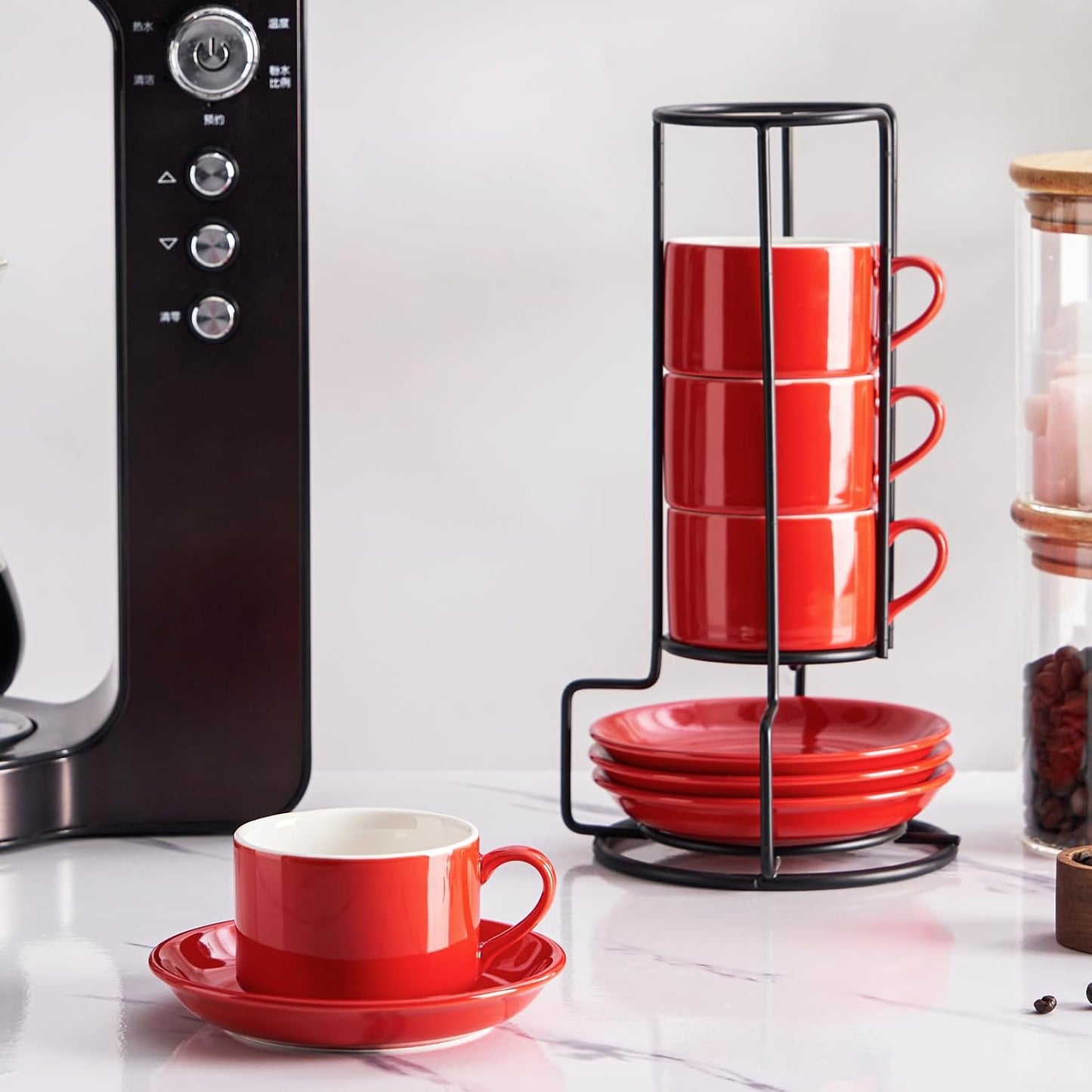 4oz Porcelain Stackable Espresso Cups with Saucers and Metal Stand Set of 4, Stackable Cappuccino Cups, Red Expresso Shots Cup Set for Coffee Drinks, Latte, Americano, Tea