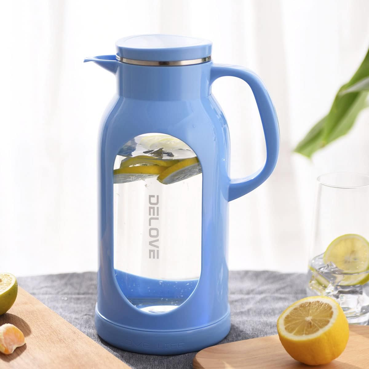 Delove 68 oz/2 Liter Glass Pitcher with Shatterproof Shell - Heat Resistant Glass Liner - Stainless Steel Lid - Carafe & Jug for Iced Tea,Hot/Cold Water,Homemade Juice Beverages (Blue)