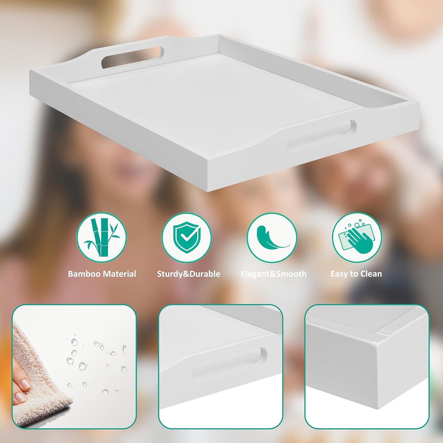 Bamboo Food Serving Tray with Handles, Breakfast Bed Tray for Tea,Snack,Dinner, Home Decorative Storage Food, Platter, Ottoman for Kitchen Counter, Bathroom, Restaurant (White)