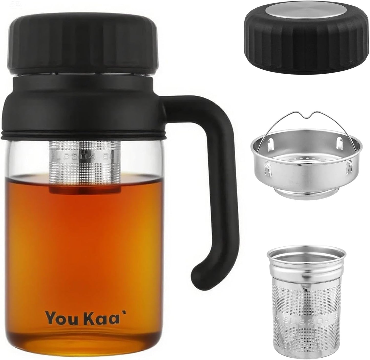 32oz Glass Water Bottle, Tea Bottle with Infuser & Handle, BPA-Free Leakproof Wide Mouth Large Tea Infuser Bottle for Hot or Cold Drinks, Loose Tea, Fruit (Black)