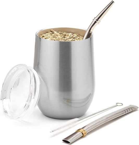 BALIBETOV 5 pcs large Yerba Mate Cup and Bombilla Kit, Includes one 12 oz Yerba Mate Gourd with Lid, Two Bombillas Mate Straw and one cleaning brush | Stainless steel | Double Walled