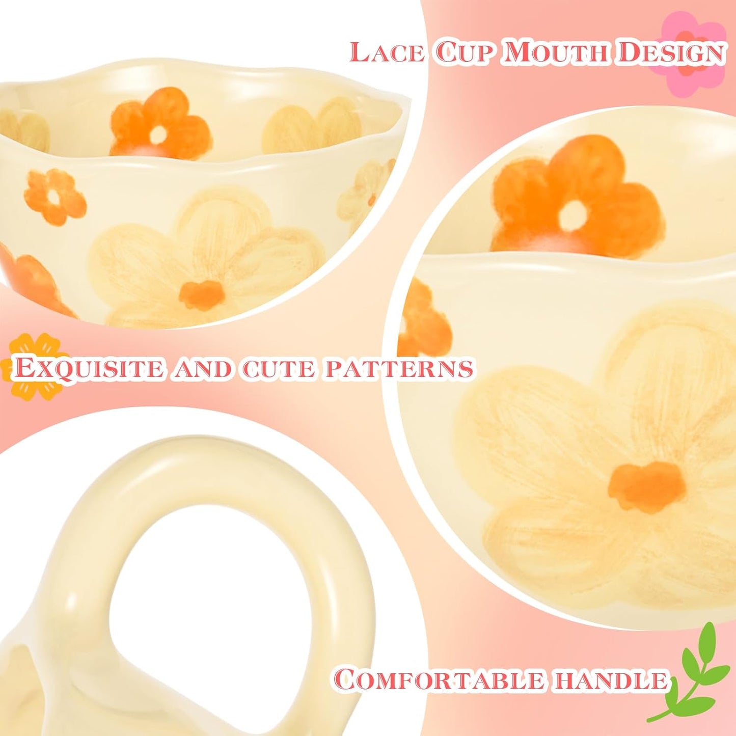 Ceramic Coffee Mug Set of 2 Vintage Flower Mugs 8 oz Cute Floral Coffee Mugs Irregular Latte Art Cup Lead-free Porcelain Cups for Cappuccino, Cocoa (2 Orange Flower)