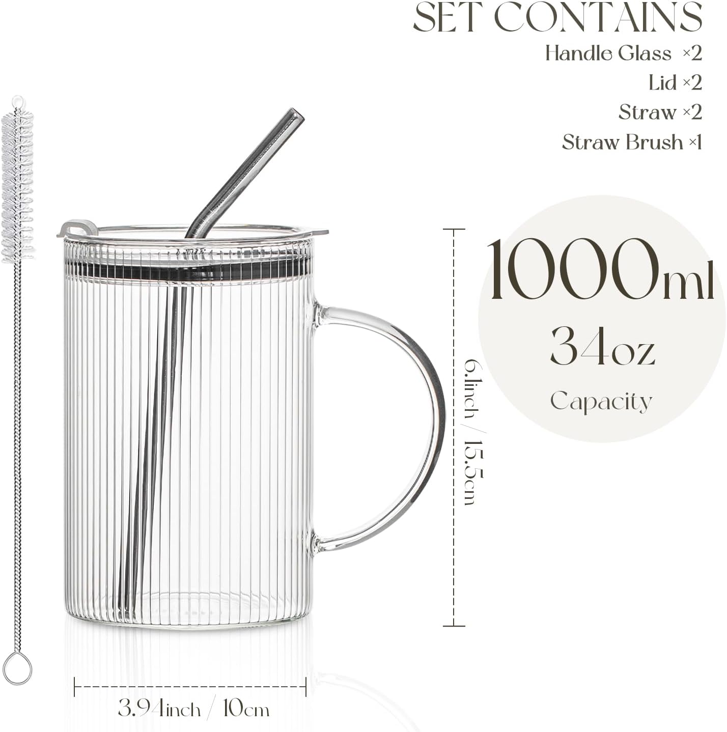 KEMORELA 2 Pack Fine-Ribbed Glass Tumblers with Handle and Lid – 1000ml / 34oz Iced Coffee Cups with Reusable Straws – Large Clear Glass Mugs for Smoothies, Juice & Daily Drinks (2 Pack-Ribbed-Fine)
