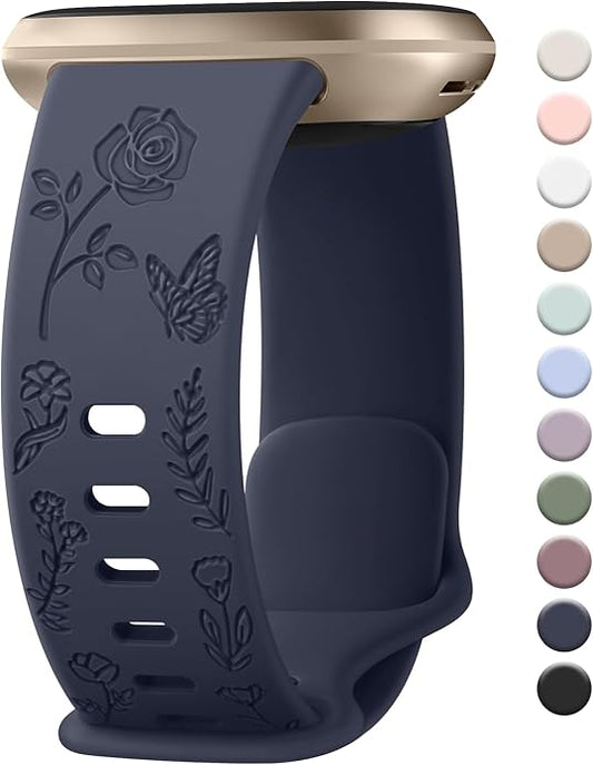 AK Floral Engraved Band Compatible with Fitbit Sense 2 / Sense Bands/Fitbit Versa 4 / Versa 3 Bands Women Men, Soft Sport Replacement Wristbands for Fitbit Sense 2 / Sense/Versa 4 / Versa 3 Smart Watch