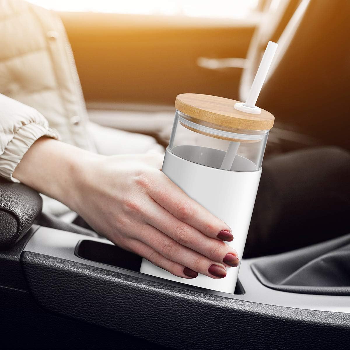 Tronco 20 oz Glass Tumbler Glass Water Bottle Straw Silicone Protective Sleeve Bamboo Lid - BPA Free - Black/2 Pack