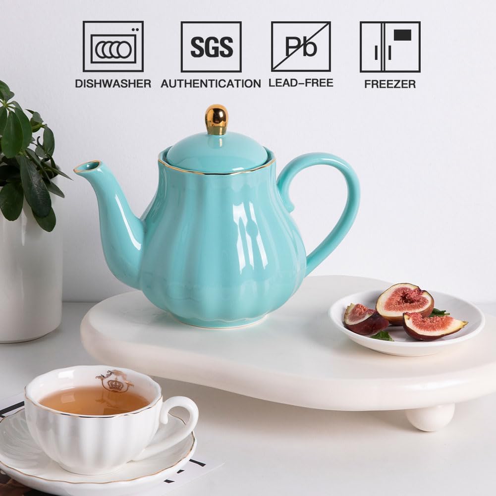 Sweejar Royal Teapot, Ceramic Tea Pot with Removable Stainless Steel Infuser, Blooming & Loose Leaf Teapot - 40 Ounce (Turquoise)