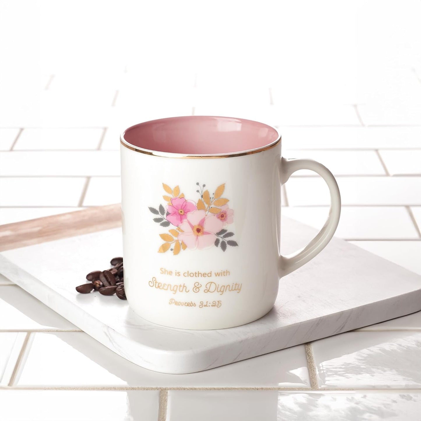 Christian Art Gifts Pink Ceramic Coffee Mug with Gold Rim – 14 oz. Lead and Cadmium-free Inspirational Scripture Coffee and Tea Mug for Women with Bible Verse: Strength and Dignity – Proverbs 31:25