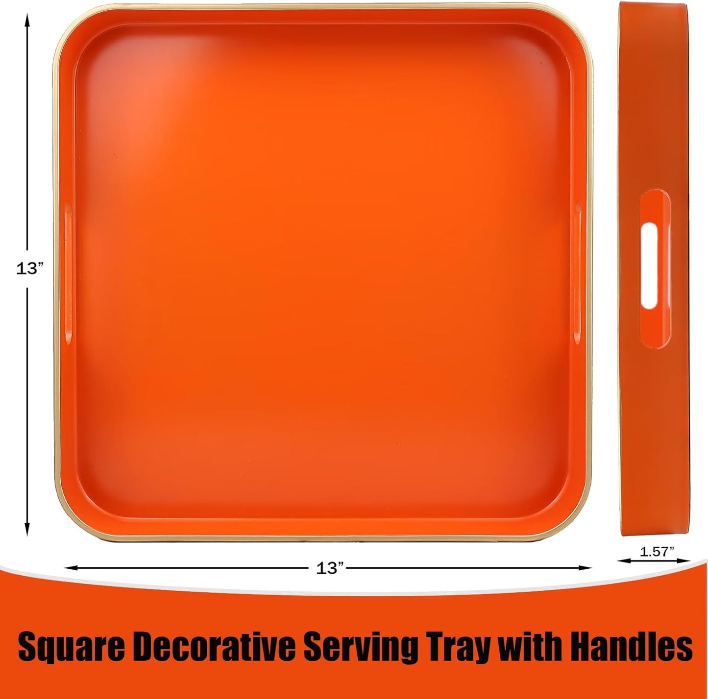 Orange Square Decorative Tray with Handles, 13"*13" Versatile Serving Tray for Coffee Table, Ottoman, Ideal for Serving, Displaying, Organizing
