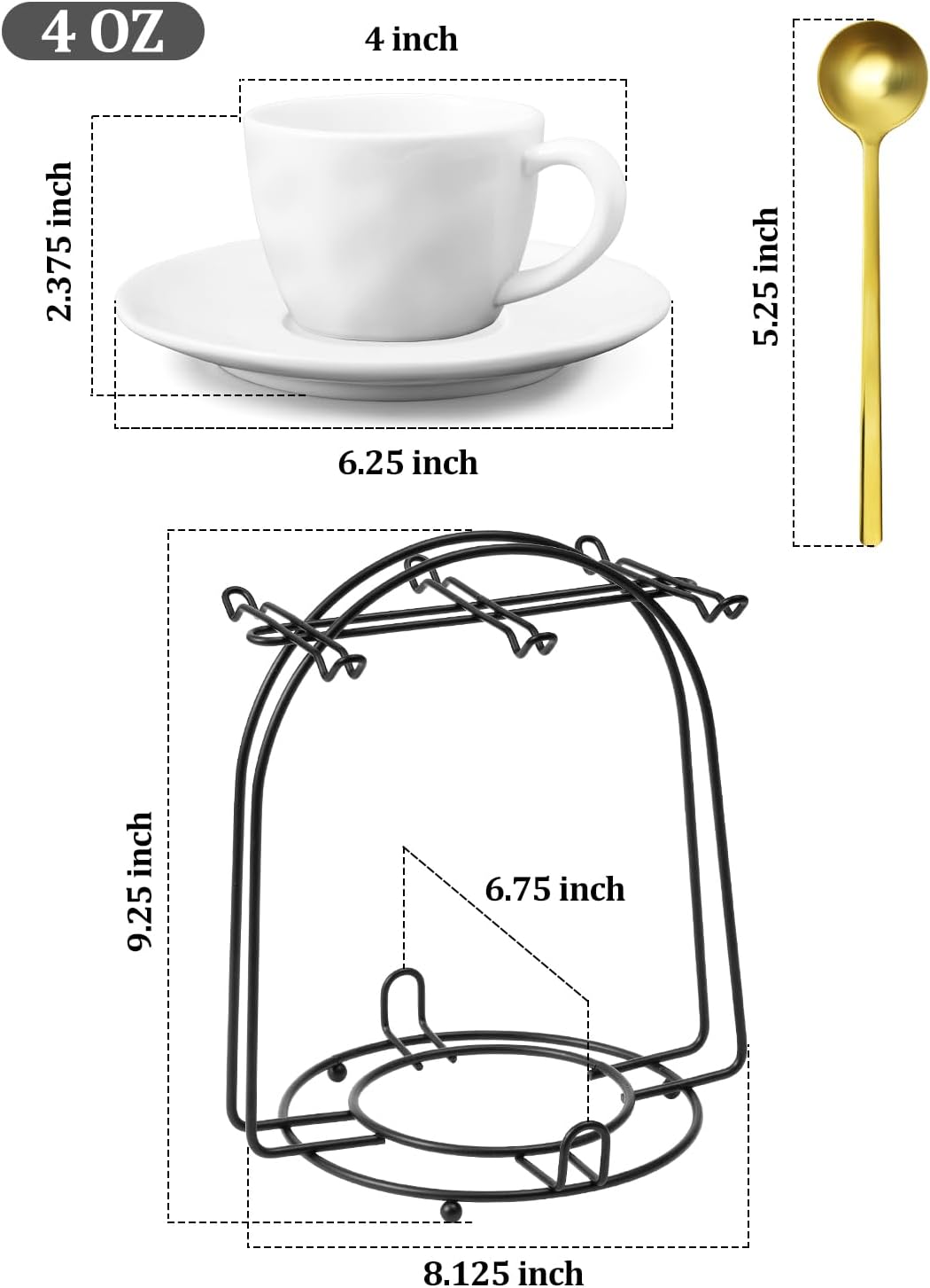 Yedio 4 oz Espresso Cups with Saucers and Metal Stand, Spoons, Porcelain Stackable Coffee Cups, Demitasse Cups, Perfect for Single or Double Espresso, Cappuccino, Latte and Tea - Set of 6, White