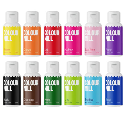 Colour Mill Kickstarter-Pack Oil-Based Food Coloring, 20 Milliliters Each of 12 Colors: Baby Pink, Black, Chocolate, Forest, Hot Pink, Lime, Orange, Purple, Red, Royal, Sky Blue and Yellow