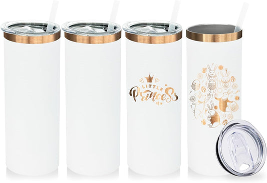 20 oz Skinny Tumblers Bulk 4 Pack, Stainless Steel Insulated Tumbler with Lids and Straws, Slim Double Wall Powder Coated Travel Coffee Mugs Reusable Cup for Hot Cold Drinks (White,4 pack)