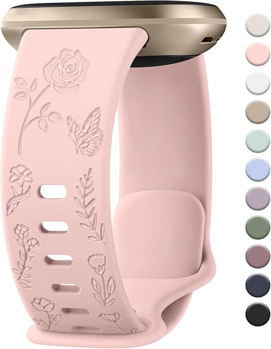 AK Floral Engraved Band Compatible with Fitbit Sense 2 / Sense Bands/Fitbit Versa 4 / Versa 3 Bands Women Men, Soft Sport Replacement Wristbands for Fitbit Sense 2 / Sense/Versa 4 / Versa 3 Smart Watch