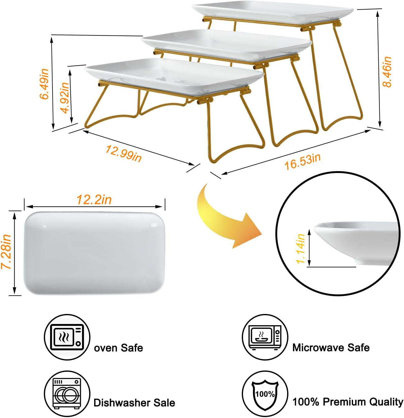 HAPPY KIT 3 Tier Serving Tray Set with Gold Freely Combinable Rack,12 Inch Tiered Tray Stand,Widened Porcelain Platters,Decor Cupcake Stand for Christmas Party Display,Dessert Trays Collapsible