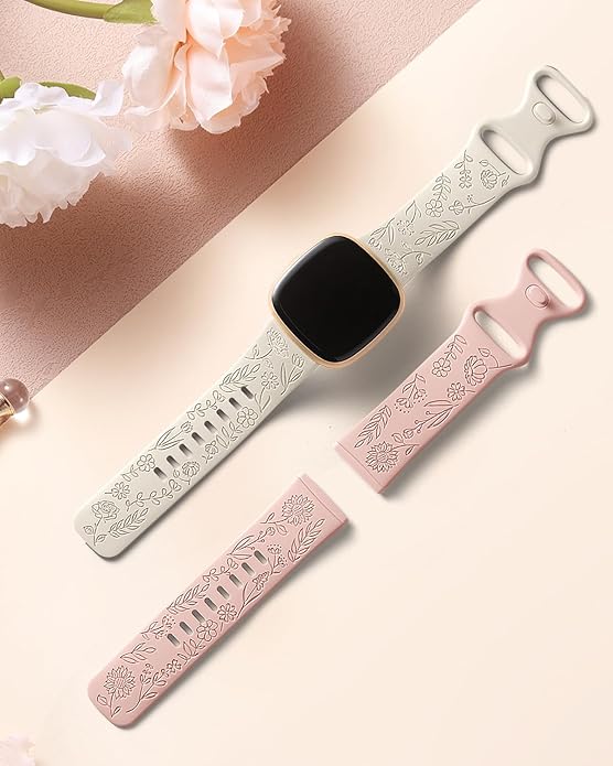 SNBLK 2 Pack Engraved Bands Only Compatible with Fitbit Versa 3/Fitbit Sense/Fitbit Versa 4/Fitbit Sense 2 Bands Four Models, Sunflower Rose Elegant Soft TPU Floral Pattern Replacement Strap Women