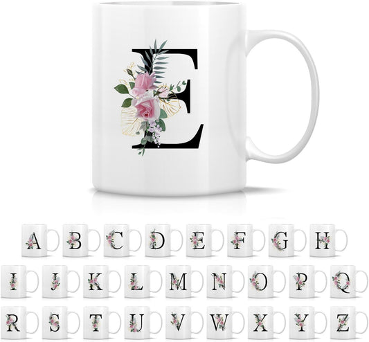 Retreez Initial A-Z Floral Botanical Bouquet Alphabet Monogrammed Monogram Mug 11 Oz Ceramic Tea Coffee Mugs - Appreciation Thank You Wedding Birthday Gifts for her friend coworker sister - E Initial