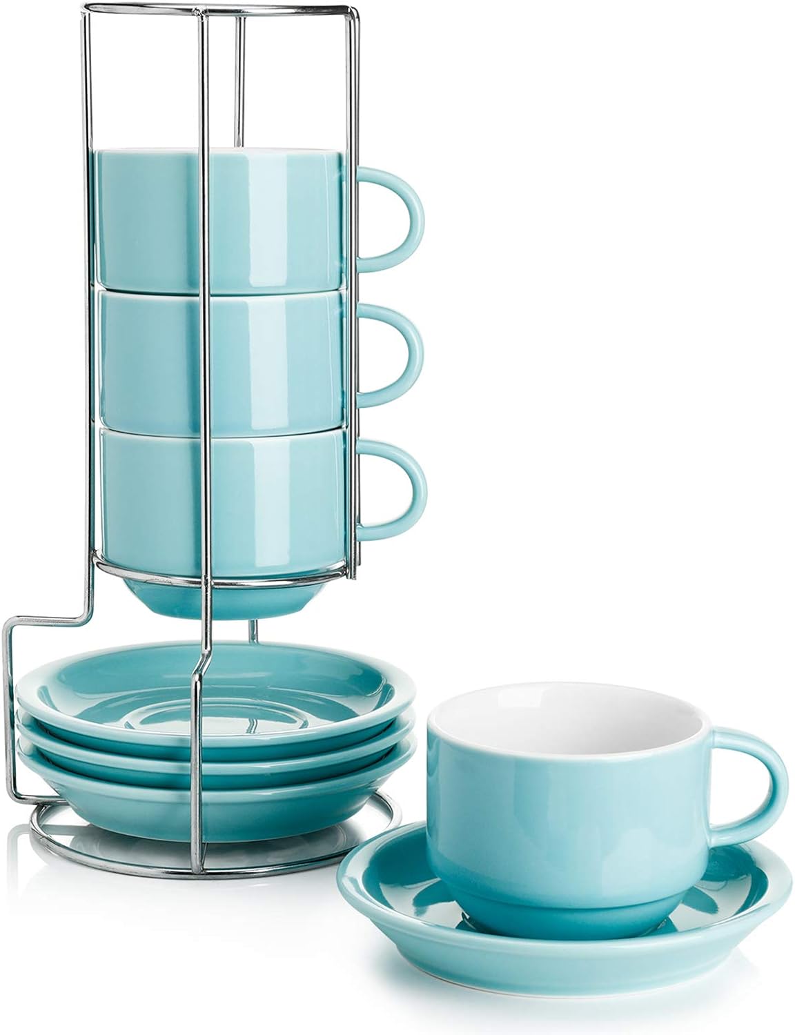 Sweese 8 Ounce Porcelain Stackable Cappuccino Cups with Saucers and Metal Stand - for Specialty Coffee Drinks, Cappuccino, Latte, Americano and Tea - Set of 4, Turquoise