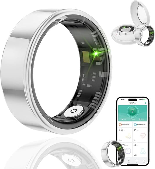 Smart Ring Health Tracker, Fitness Sleep & Heart Rate Monitor Tracker Smart Ring, Waterproof Bluetooth Fitness Tracker Ring IPX68 Waterproof (Silver, 10)
