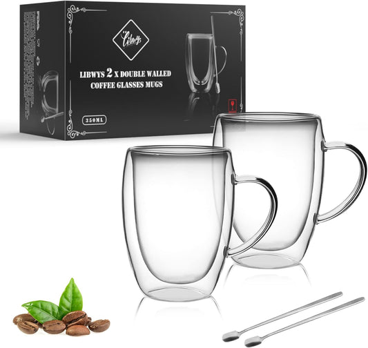 LIBWYS 2 Pack Double Walled Coffee Cups Glasses Mugs, 12oz Espresso Cappuccino Latte Tea Cups with Handle, Heat Resistant Borosilicate Clear Glasses 350ml
