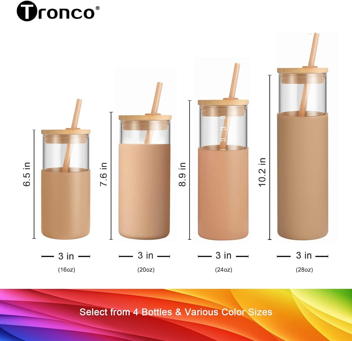 Tronco 16 oz Glass Tumbler with Straw and Bamboo Lid, Iced Coffee Cup Reusable, Smoothie Cups, Tumbler with Silicone Protective Sleeve - BPA Free