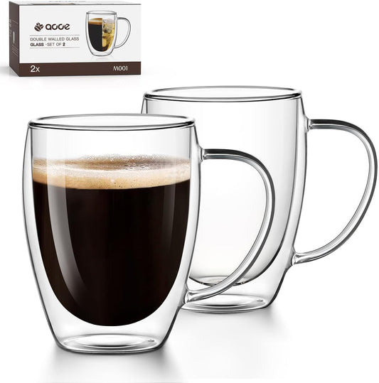 OJA Double Wall Glass Coffee Mugs 12.5oz, Hand Blown Clear Glass Coffee Cups Set of 2, Insulated Tea Mug, Perfect for Espresso, Cappuccino, Latte, American,Tea Bag, Beverage