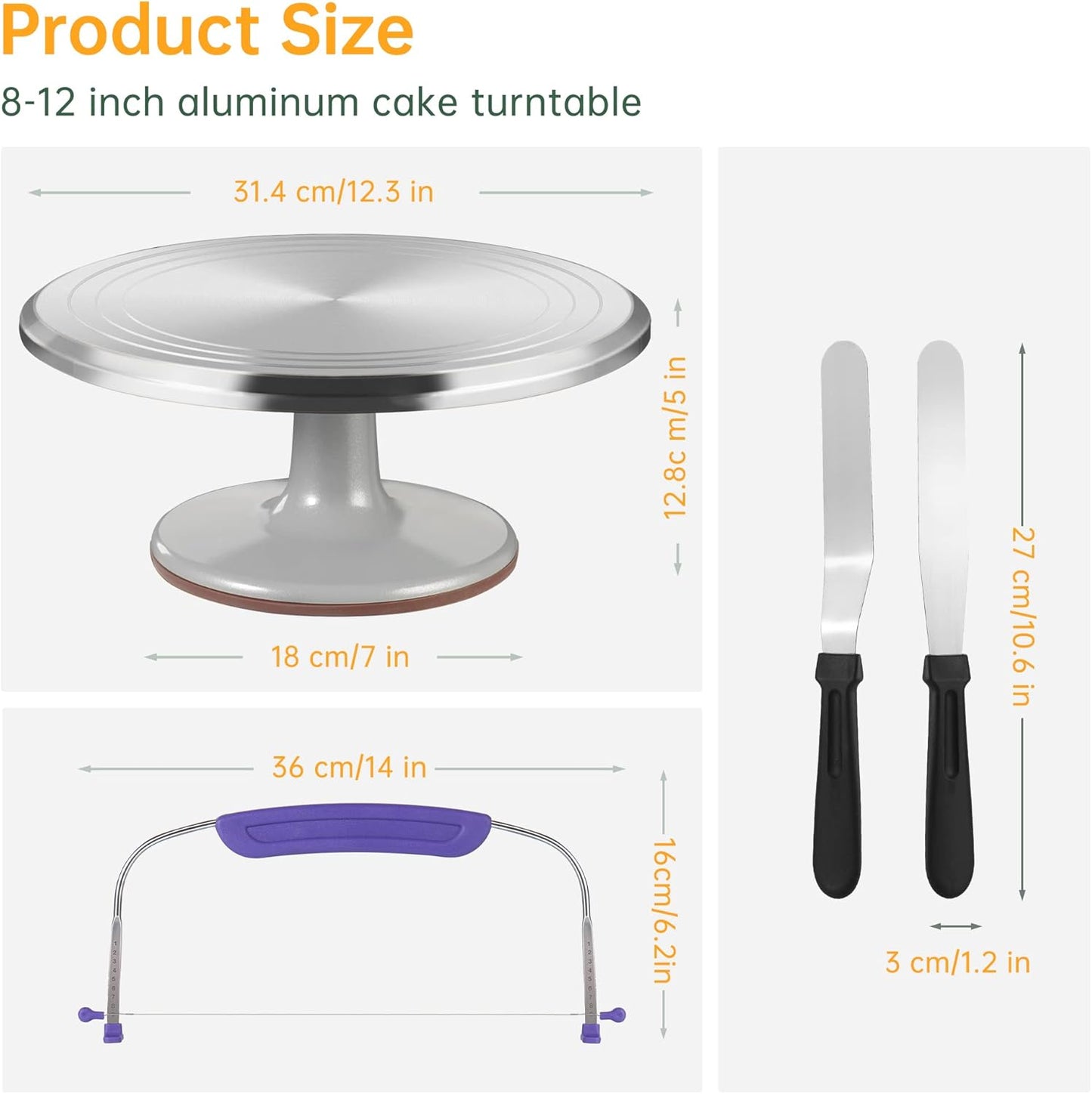 12 Inch Round Aluminum Revolving Cake Decorating Stand,35 pcs Cake Turntable Kit Supplies, Rotating Cake Stand,for Cake,Pastries and Cake Decorations